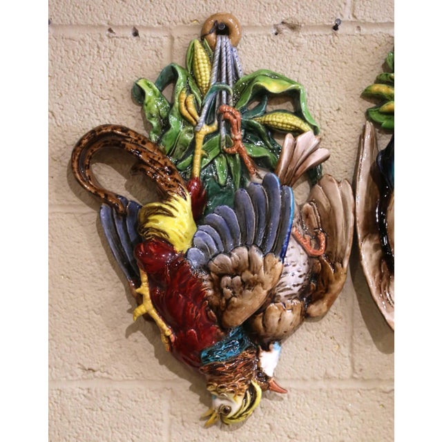 French Pair Early 20th Century French Barbotine Majolica Game Bird Wall Pockets For Sale - Image 3 of 14