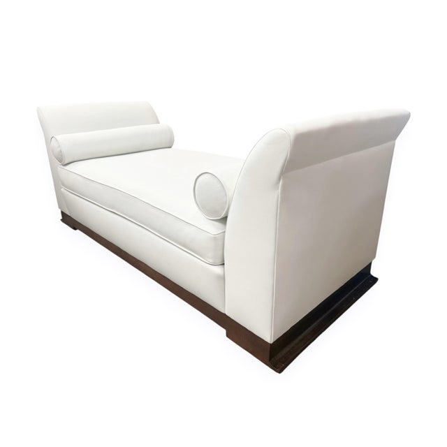Custom Art Deco–Style Compact Daybed in White Vinyl With Bolsters For Sale - Image 4 of 4