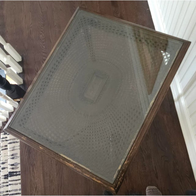 Traditional Glass Topped Cane and Carved Wood Side Table For Sale - Image 3 of 12