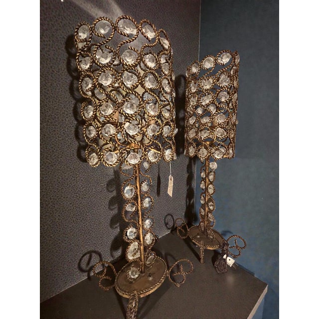 1970s Italian Gilded Metal Table Lamps With Cristal - a Pair For Sale - Image 4 of 4