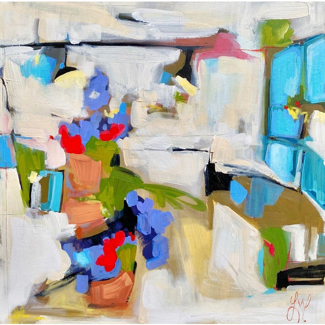 Little Shop on the Corner by Leigh Ann Van Fossan | Acrylic on Canvas Abstract scene with flowers. For Sale