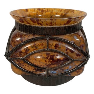Art Deco Glass and Wrought Iron Vase from Le Lorrain, 1920s For Sale