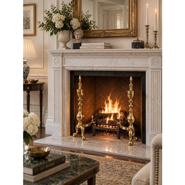 Late 20th Century Vintage Pair Federal Style Urn Decor Brass Fireplace Andirons For Sale - Image 5 of 5