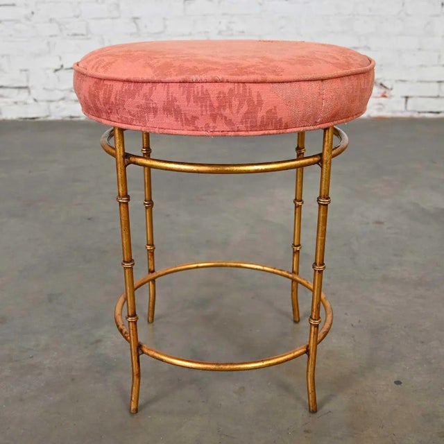 Mid-20th Century Italian Style Round Stool With Rose Damask Seat & Gilt Metal Faux Bamboo Legs For Sale - Image 13 of 13