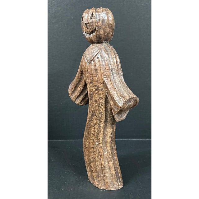 Folk Art Carved Wooden Jack O Lantern Ghost Statue For Sale - Image 4 of 7