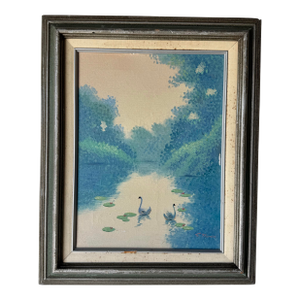 1980's Vintage Tranquil Swans on a Serene Lake - Oil Painting by S. Thomas