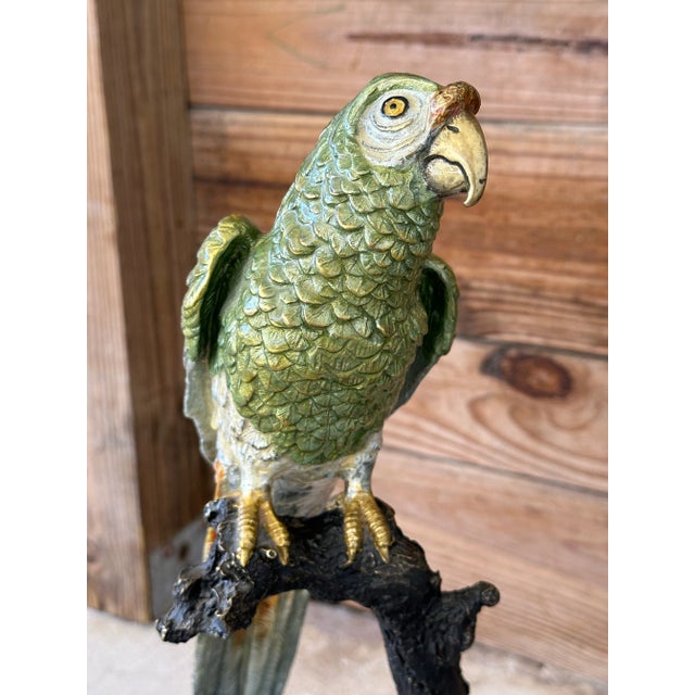Coastal Late 20th Century Coastal Tropical Bronze Hand Painted Parrot Statues on Marble Bases-Pair For Sale - Image 3 of 12