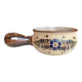 Vintage Mexican Tonala Folk Art Hand Painted Stoneware Ladle Pot For Sale