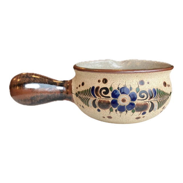 Vintage Mexican Tonala Folk Art Hand Painted Stoneware Ladle Pot For Sale