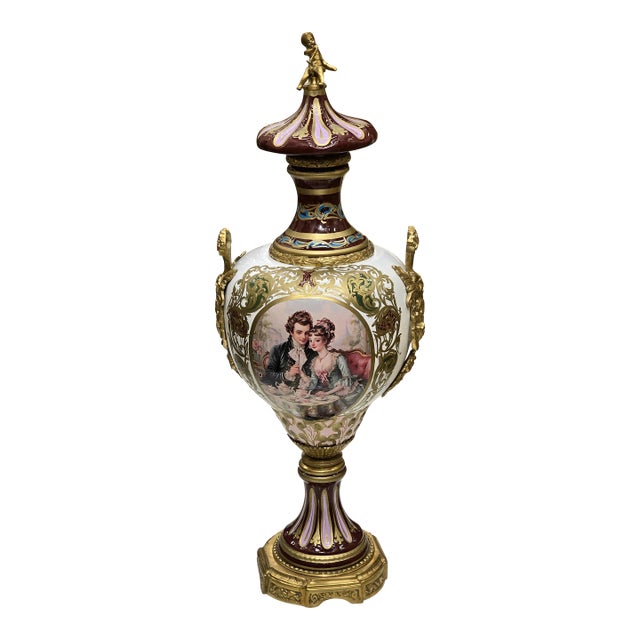 Ornate French Porcelain Vase With Romantic Scene & Gold Gilt Bronze Mounts For Sale