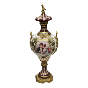 Ornate French Porcelain Vase With Romantic Scene & Gold Gilt Bronze Mounts