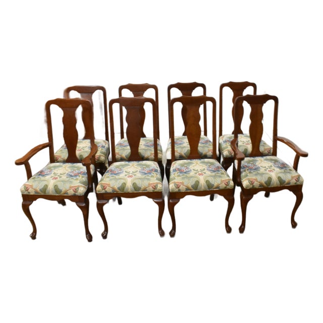 Set of 8 Harden Solid Cherry Queen Anne Dining Chairs W/Floral Upholstery For Sale