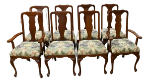 Set of 8 Harden Solid Cherry Queen Anne Dining Chairs W/Floral Upholstery