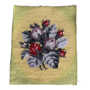 Antique 19th Century Beaded Roses Metallic Black Silver Red Needlepoint Late 1800's