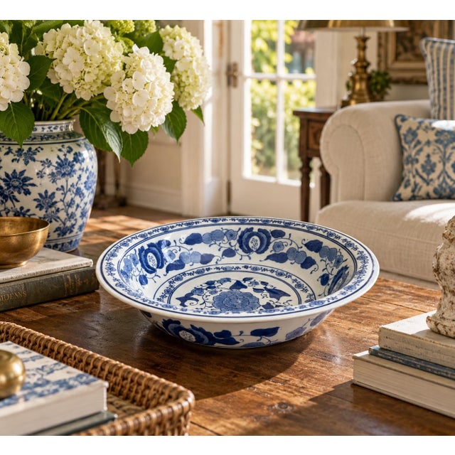 A classic large Chinoiserie blue and white porcelain shallow bowl, planter, or decorative charger plate. The painted...