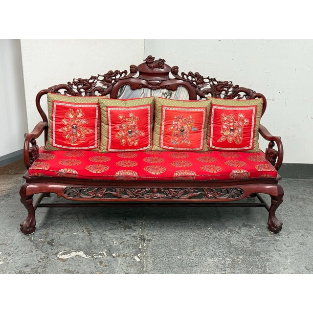 Vintage Qing Dynasty Carved Rosewood + Marble Sofa For Sale - Image 11 of 12