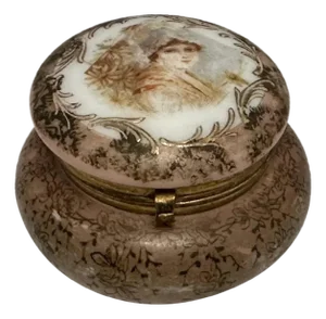 C. F. Monroe Nakara Opaline Dresser Box: Antique Portrait, Gold Floral