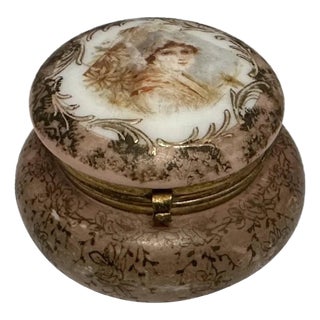 Wavecrest Nakara Opaline Dresser Box: Antique Portrait, Gold Floral For Sale