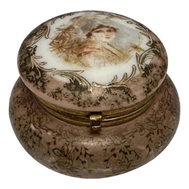 Wavecrest Nakara Opaline Dresser Box: Antique Portrait, Gold Floral For Sale