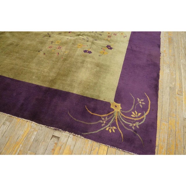 1920s Olive Green Floral Vase Antique Chinese Art Deco Carpet 9' X 12' Knotted Wool Rug For Sale - Image 10 of 11