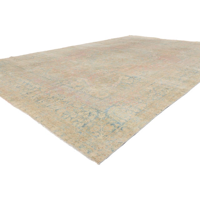 76889 Distressed Antique Persian Yazd Rug, 10'06 x 15'11. Woven like a whispered memory into the passage of time, this...
