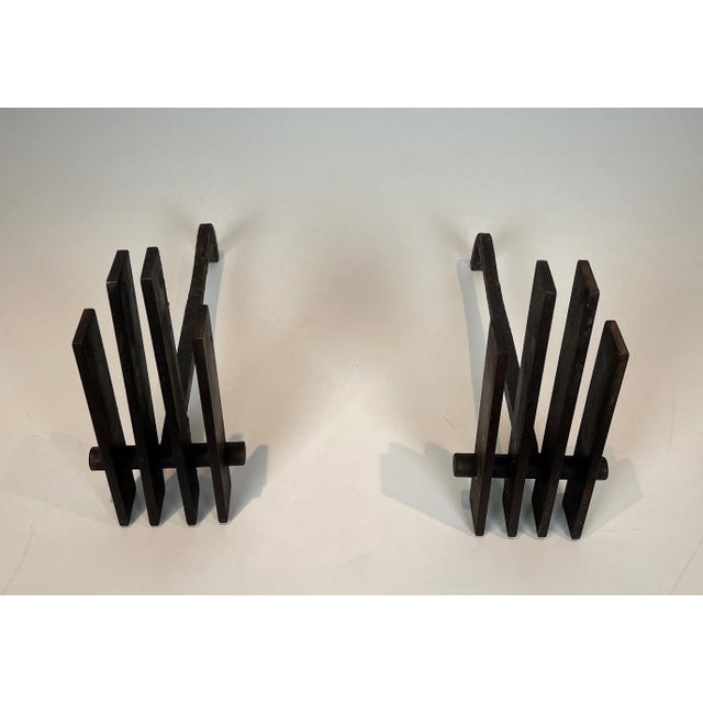Metal Modernist Steel Andirons. French Work. Circa 1970 - a Pair For Sale - Image 7 of 12