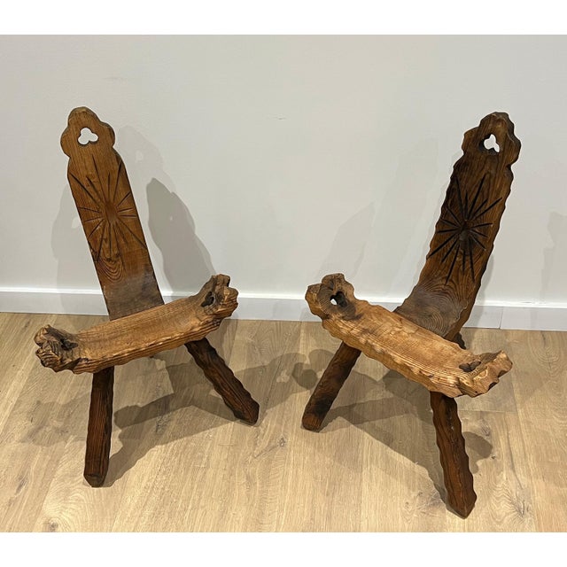 Pair of low three-legged brutalist chairs. French work. Circa 1950 For Sale - Image 9 of 9