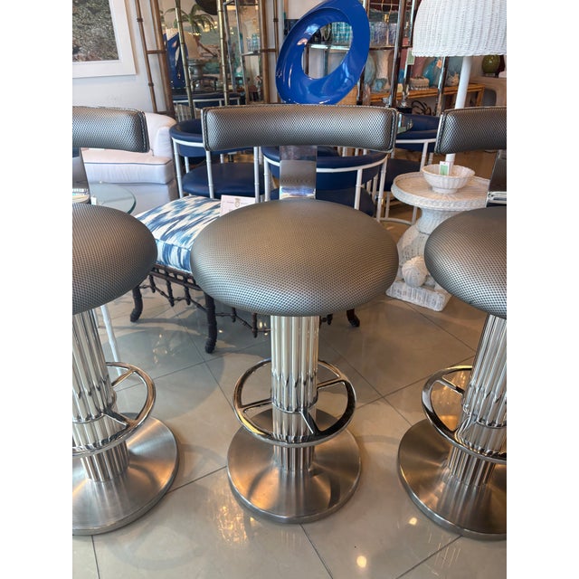 Design For Leisure Design for Leisure LTD Set of 3 Bar Stools Fluted Chrome Steel Swivel For Sale - Image 4 of 12