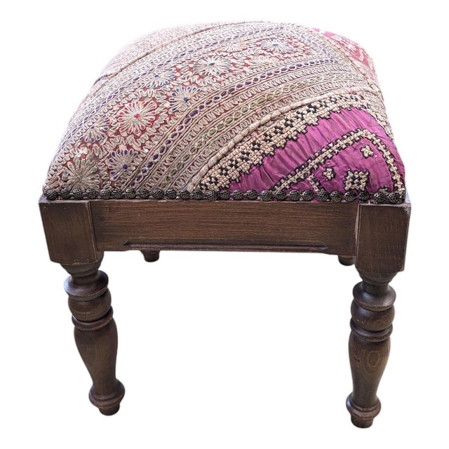 Vintage Stool/Footstool Upholstered W/Kutchi Indian Banjara Fabric 15" H For Sale