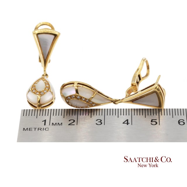 18k Yellow Gold 0.50 Ct Natural Diamond and Mother of Pearl Omega Back Earrings, Pair For Sale - Image 13 of 14