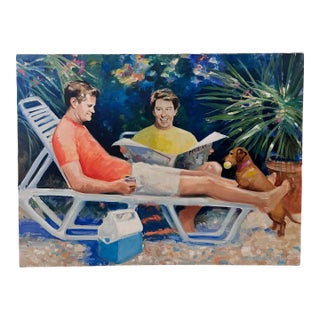 Guys Relaxing Poolside With Dog For Sale