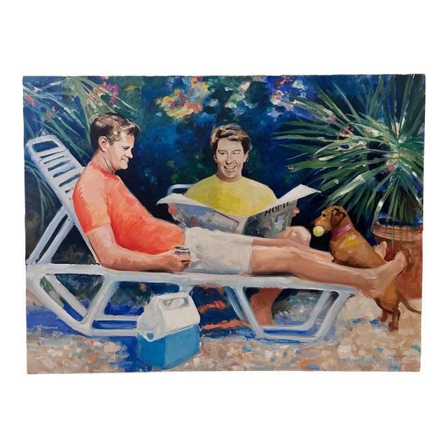 Guys Relaxing Poolside With Dog For Sale