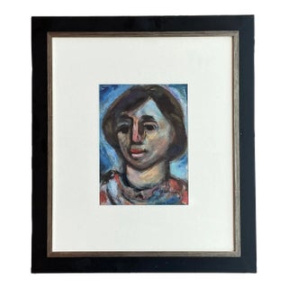 Vintage Boho Original Oil Portrait Painting on Paper For Sale