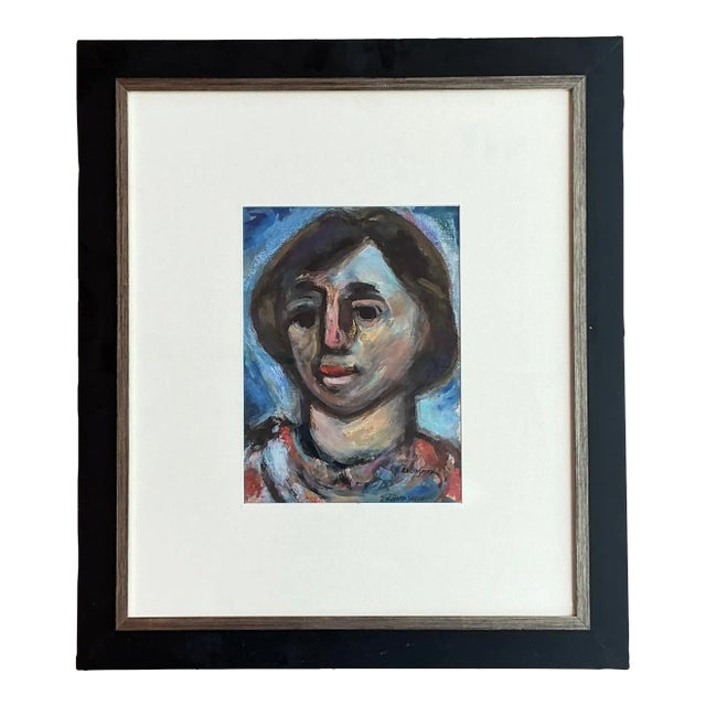 Vintage Boho Original Oil Portrait Painting on Paper For Sale