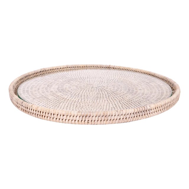 Artifacts Rattan 16" Round Serving Tray, White Wash with Glass Insert For Sale
