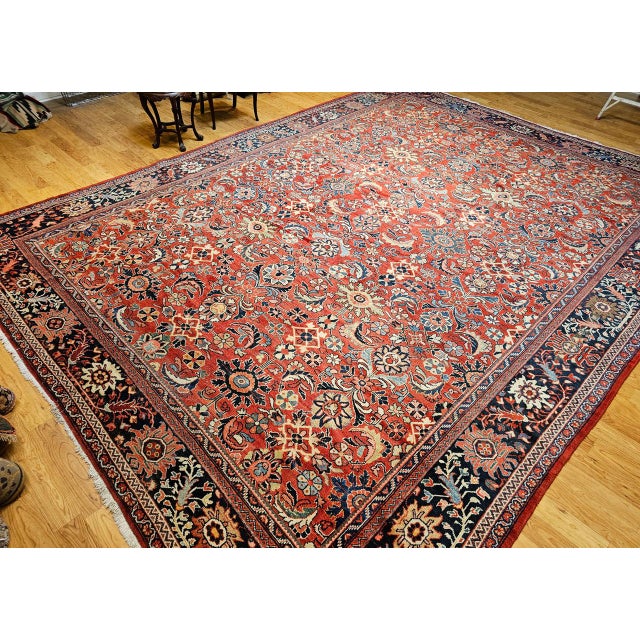 1900 - 1909 Vintage Oversized Persian Mahal Sultanabad Rug, Hand-Knotted Wool, Geometric Pattern, 12x15, Red & Navy For Sale - Image 5 of 18