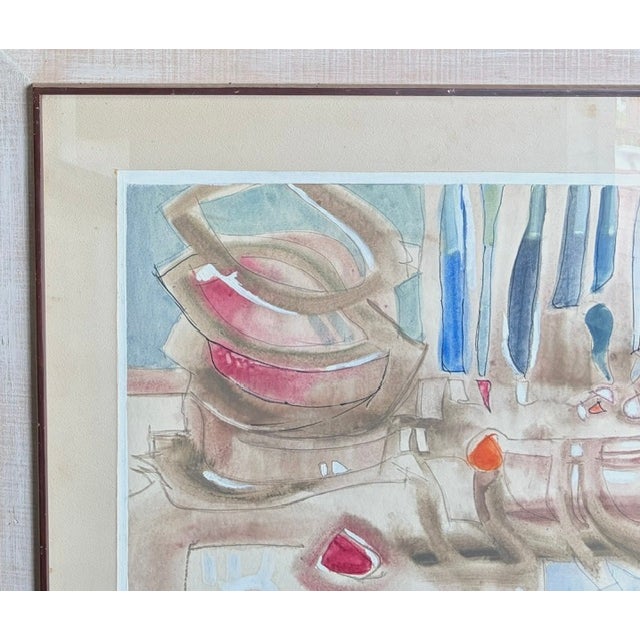 Blue Mid Century Abstract Watercolor Painting - Artist's Studio, Signed For Sale - Image 8 of 10