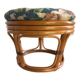 Mid Century Modern Rattan Floral Ottoman Footstool Stool For Sale