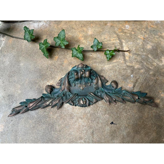 Vintage Baroque Cast Metal Bronze Architectural Pediment With Verdigris Patina – Castilian Imports For Sale In Houston - Image 6 of 6