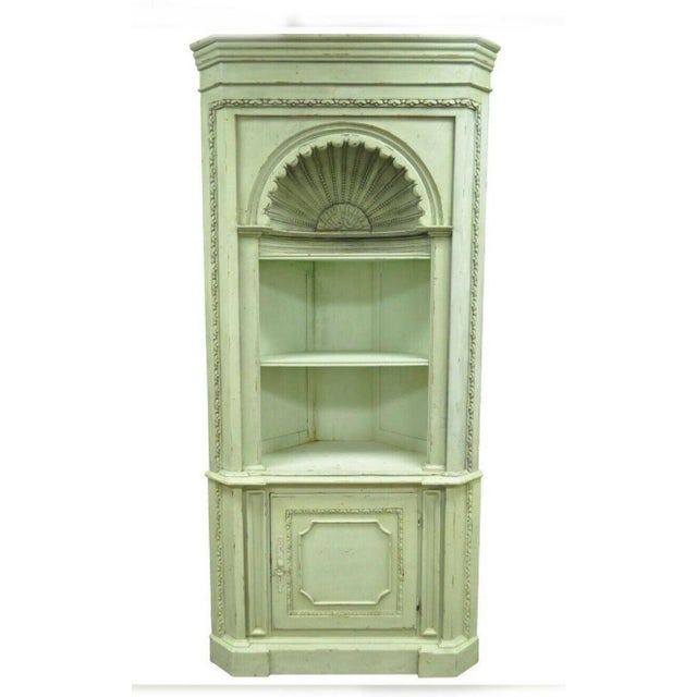 20th Century French Country Green Distress Painted Corner Cabinet Cupboard Chairish