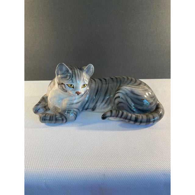 A beautiful hand painted and glazed ceramic Gray Tabby Cat by the prestigious Ronzan Brothers. Maker's marks and "Made in...