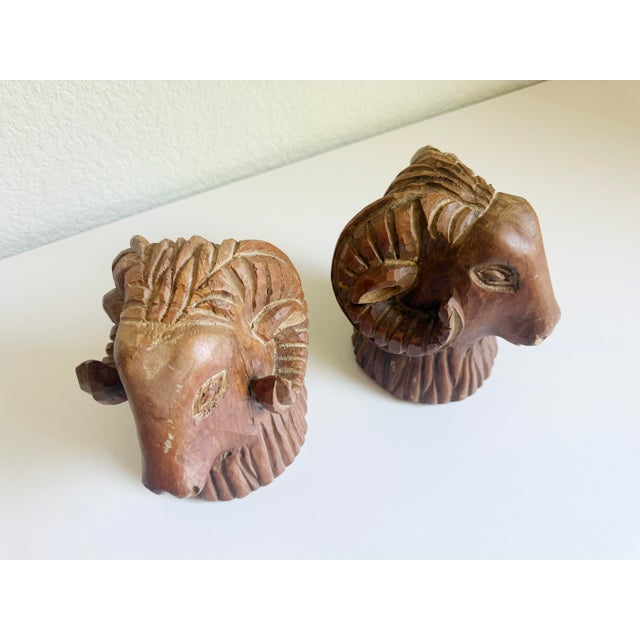 Wood Carved Wood Rams Head Bookends by Sarreid Spain 1970s - A Pair For Sale - Image 7 of 13