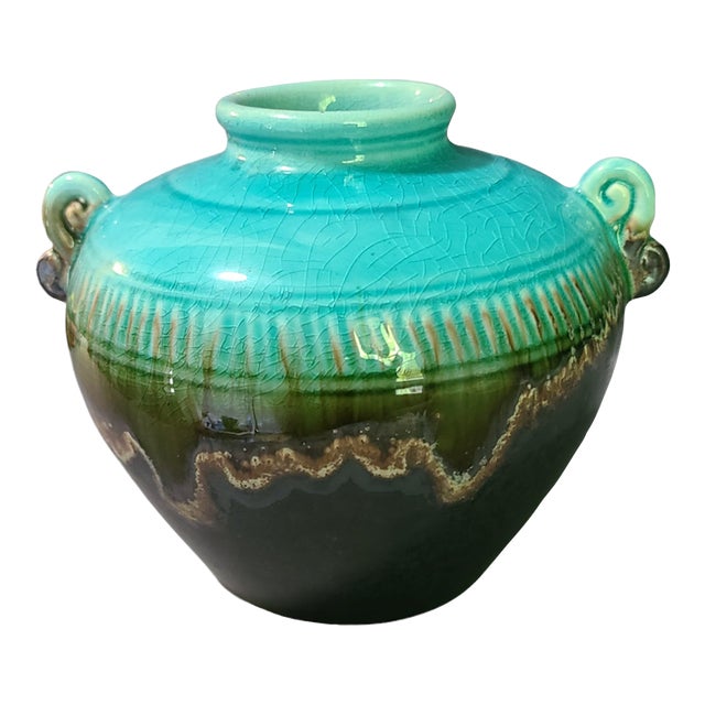 Vintage Studio Glazed Art Pottery Turquoise Blue Olive Green Vase Urn For Sale