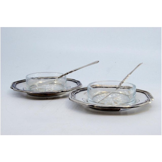 Silver Butter Dishes with Glass Cores and Knives with Twisted Handles, Set of 6, in Good conditions. Designed 1920 to 1949