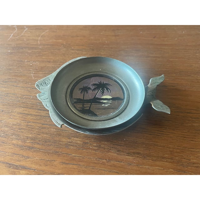 Handel Co. Art Deco Butterfly Reverse Painted Glass Pewter Fish Ash Tray For Sale - Image 4 of 8
