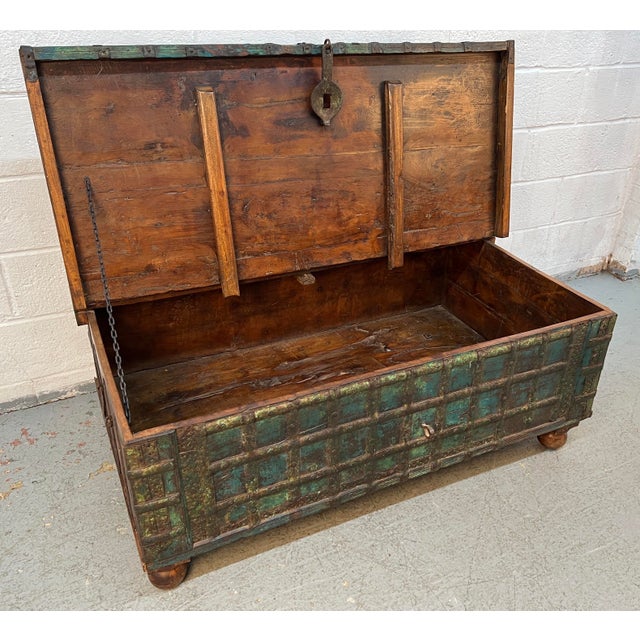 Antique Indian Pitara Chest With Turquoise Patina For Sale - Image 12 of 18