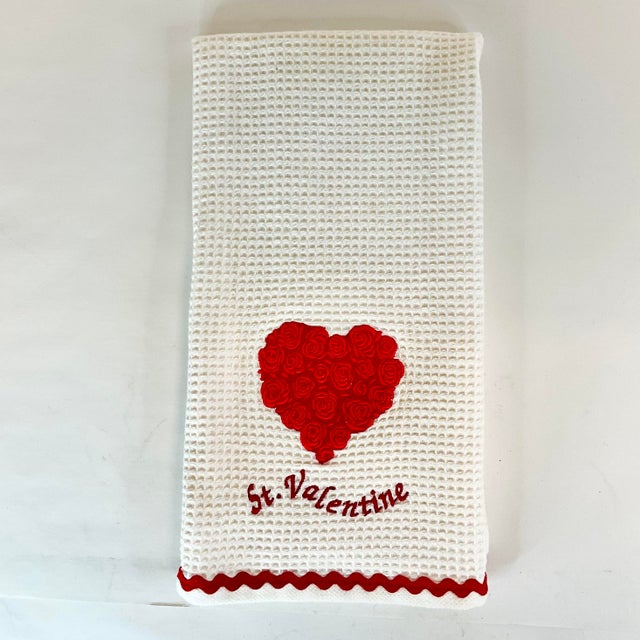 Textile Vintage Hollywood Regency St. Valentine Waffle Kitchen Towel With Roses Heart For Sale - Image 7 of 13