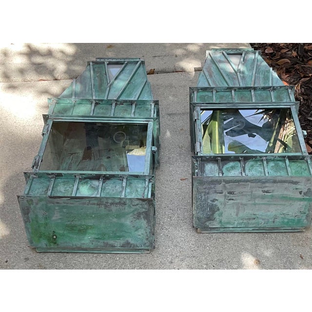 Pair of Monumental Art Deco Style Verdigris Copper & Brass Wall Lanterns For Sale - Image 14 of 16