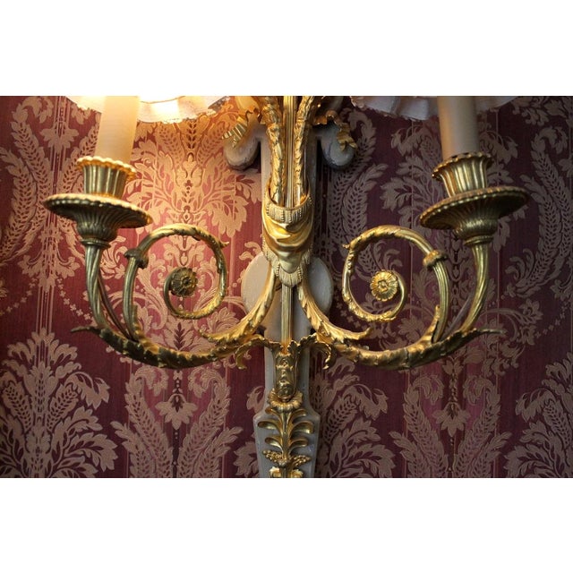1860 French Louis XVI Gold Bronze Silk Wall Lamps Sconces 2pc- Pair For Sale - Image 9 of 18