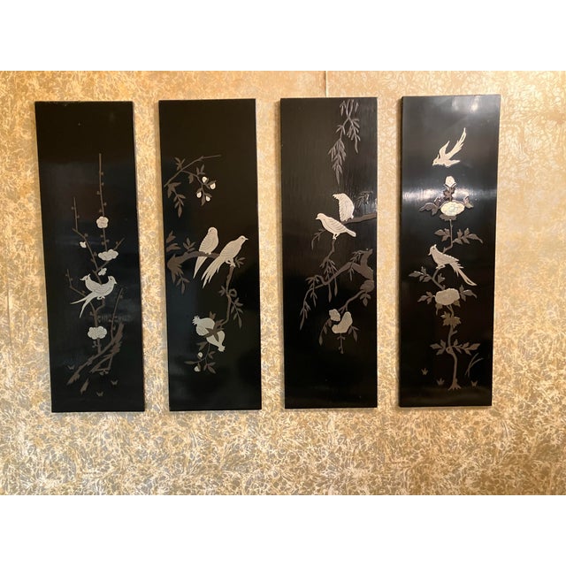 Set of 4 Vintage Mid-Century Asian Oriental Inlaid Black Lacquer Wall Art Plaque Panels For Sale - Image 4 of 4